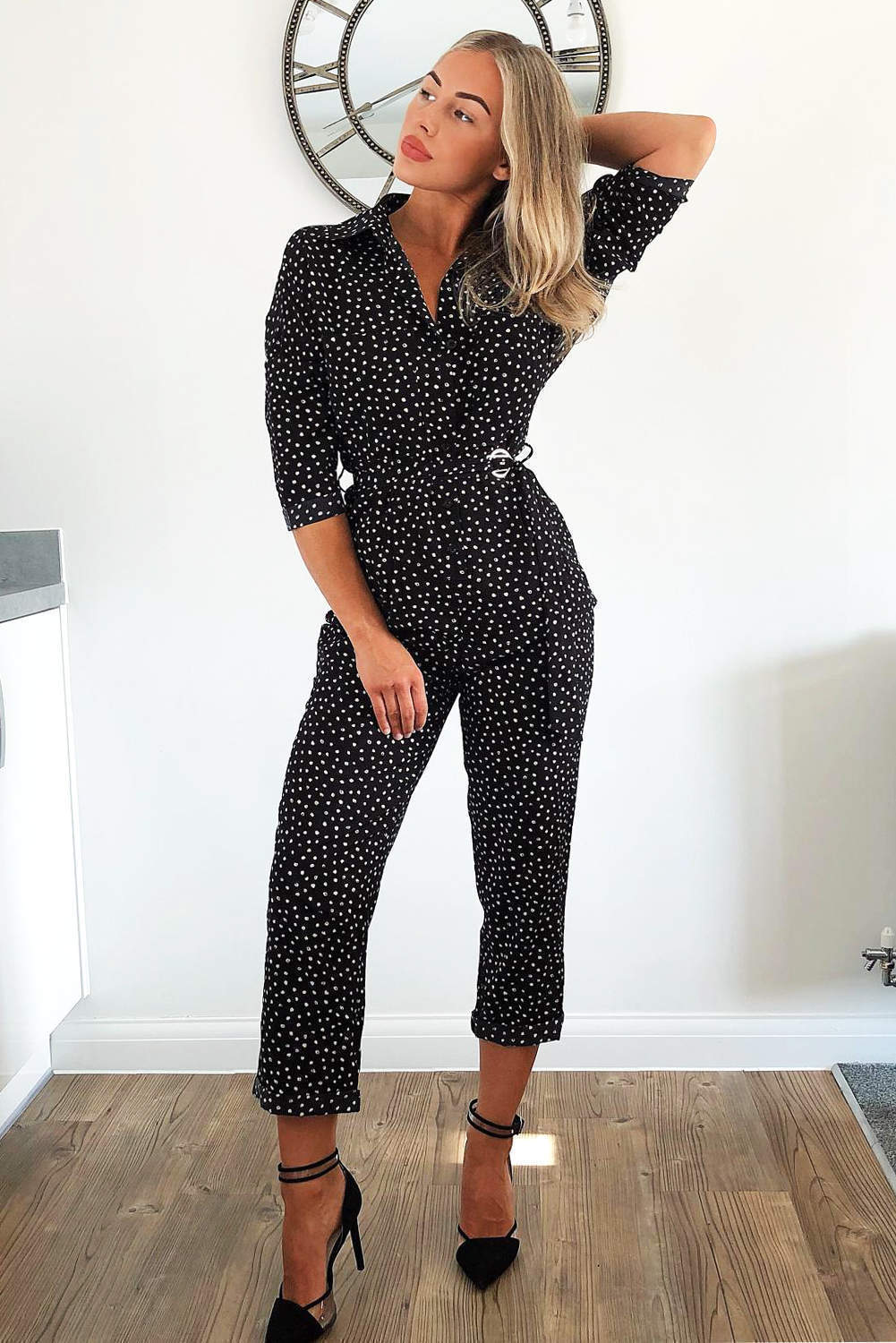 Black Polka Dot Belted Jumpsuit - Image 2