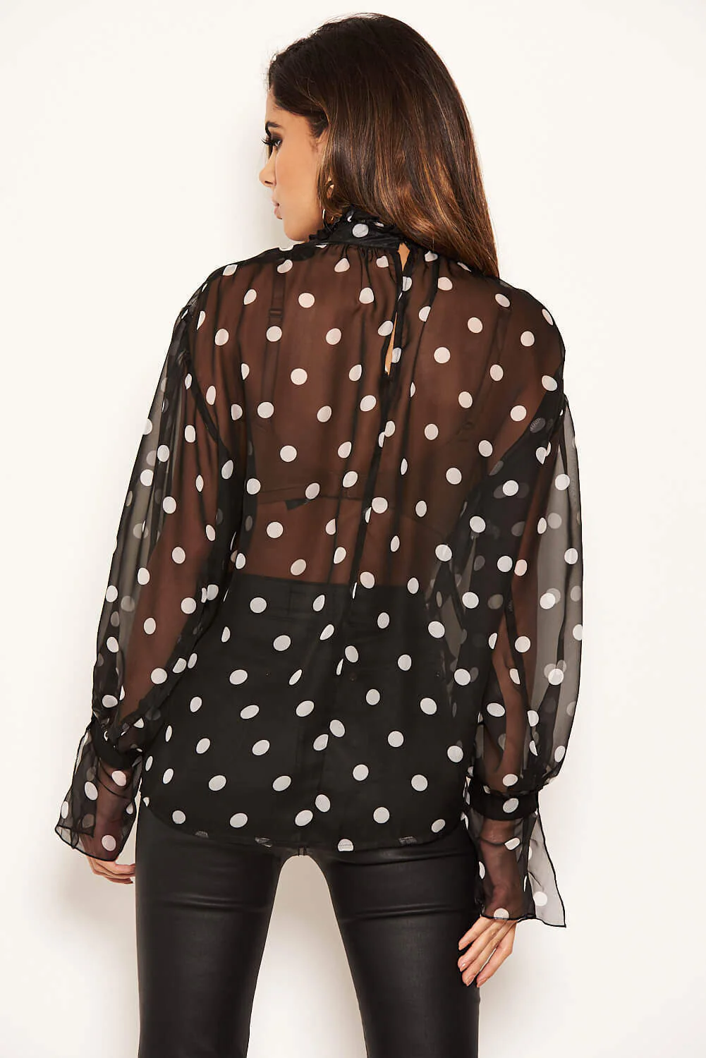 Black Polka Dot Chiffon High Frill Neck Top - Image 5