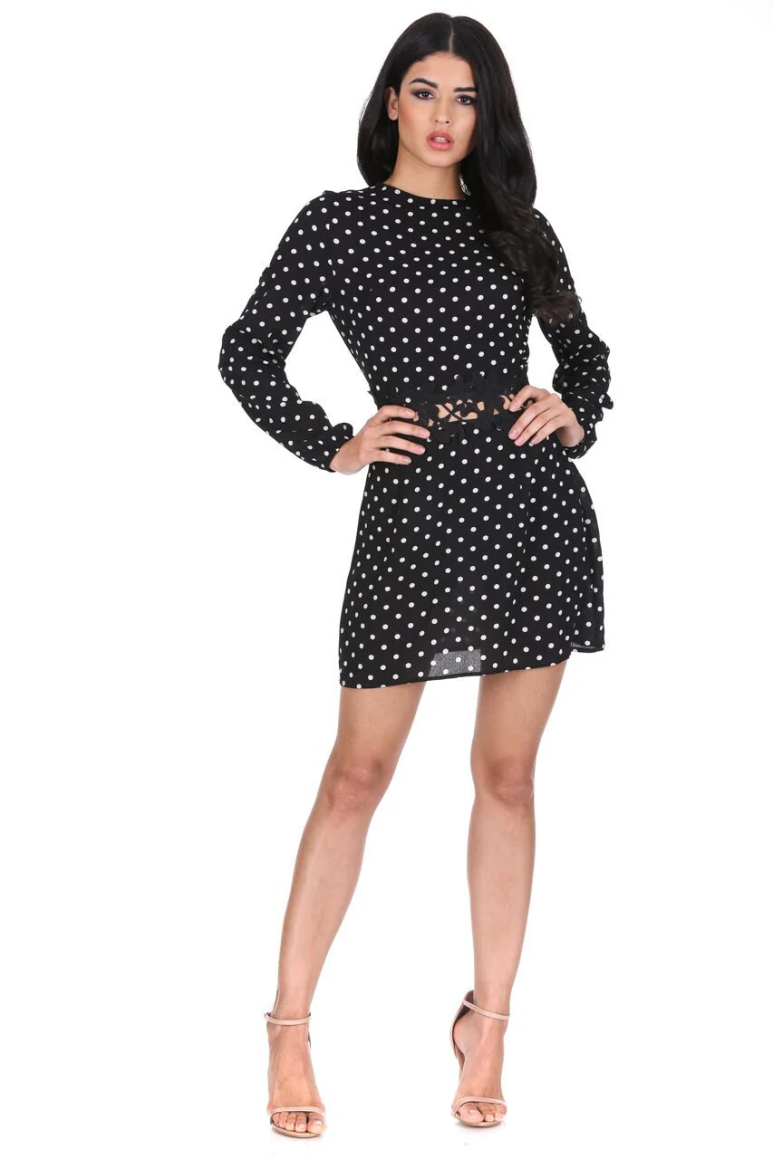 Black Polka Dot Crochet Waist Skater Dress - Image 2