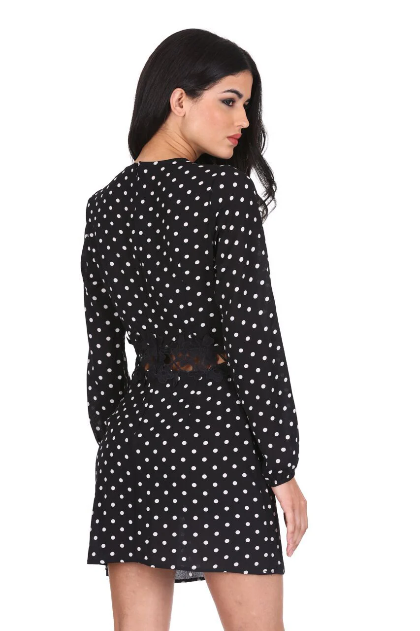 Black Polka Dot Crochet Waist Skater Dress - Image 3