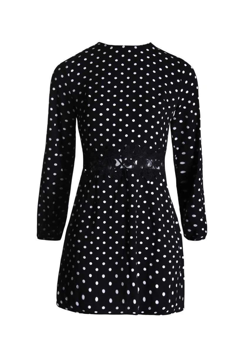 Black Polka Dot Crochet Waist Skater Dress - Image 4