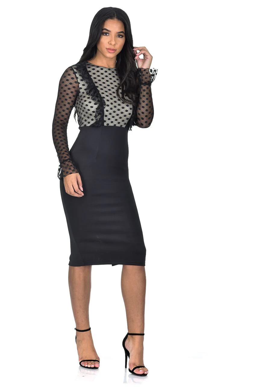 Black Polka Dot Frill Midi Dress - Image 2