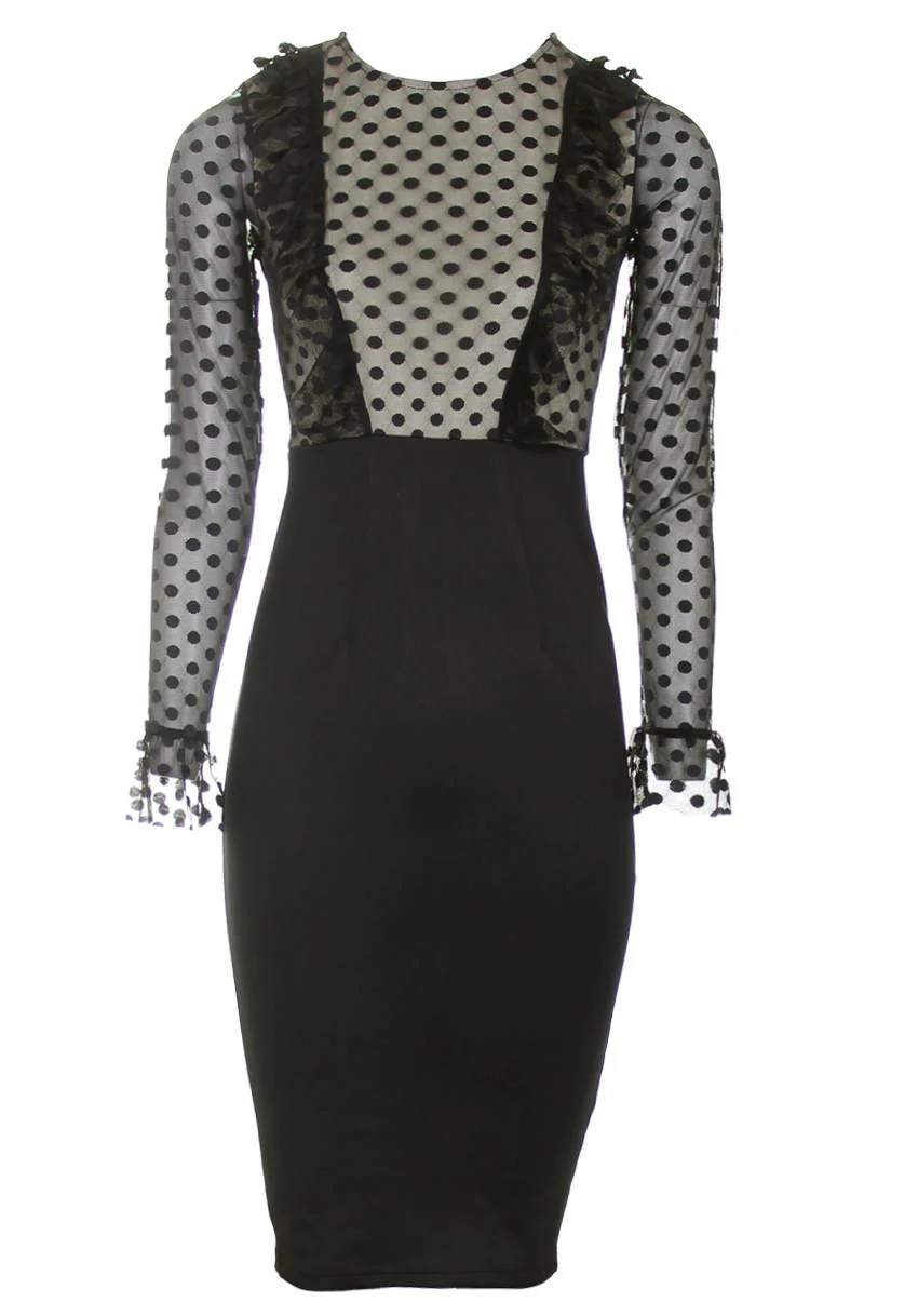 Black Polka Dot Frill Midi Dress - Image 4