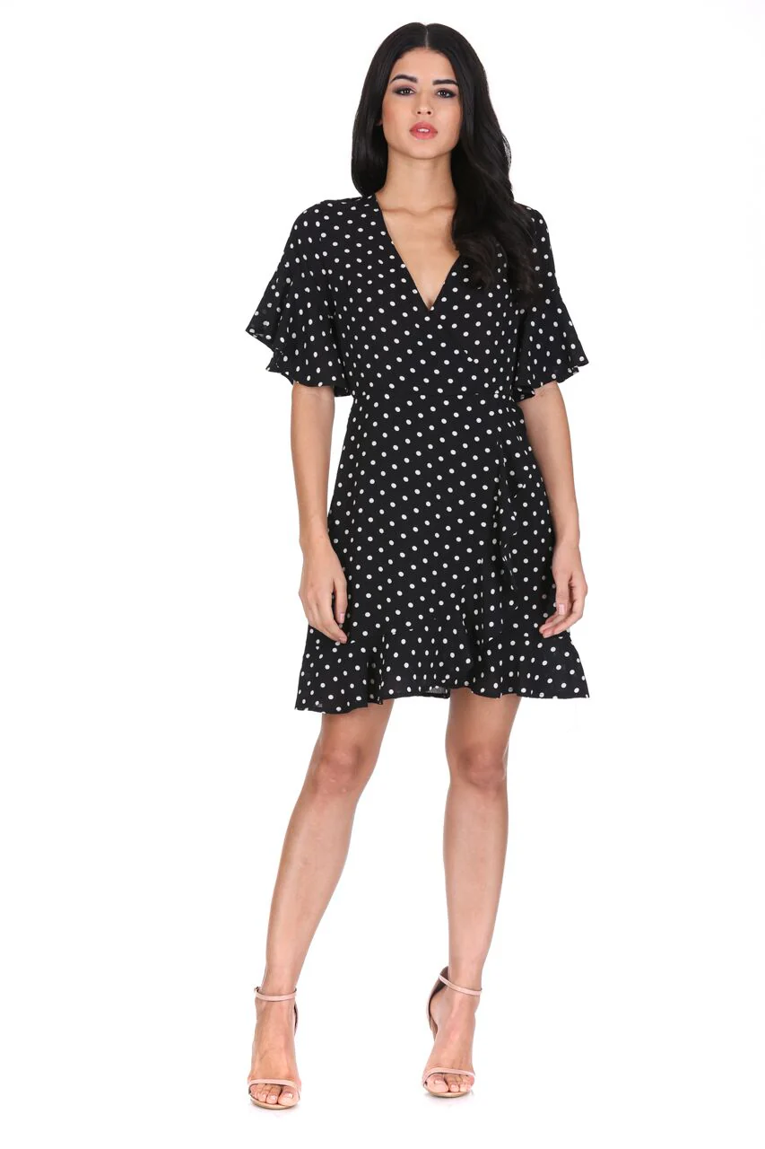 Black Polka Dot Frill Sleeve Detail Dress - Image 2