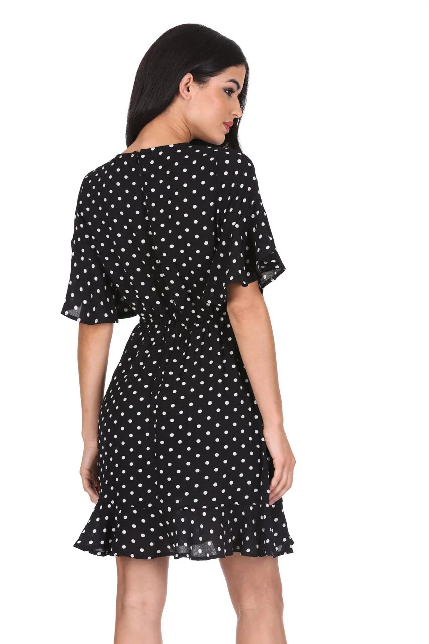 Black Polka Dot Frill Sleeve Detail Dress - Image 3