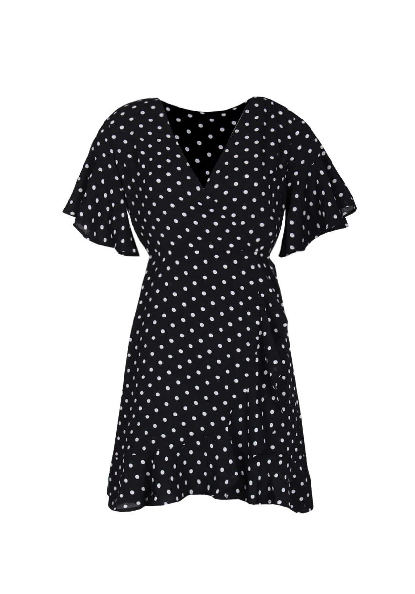 Black Polka Dot Frill Sleeve Detail Dress - Image 4