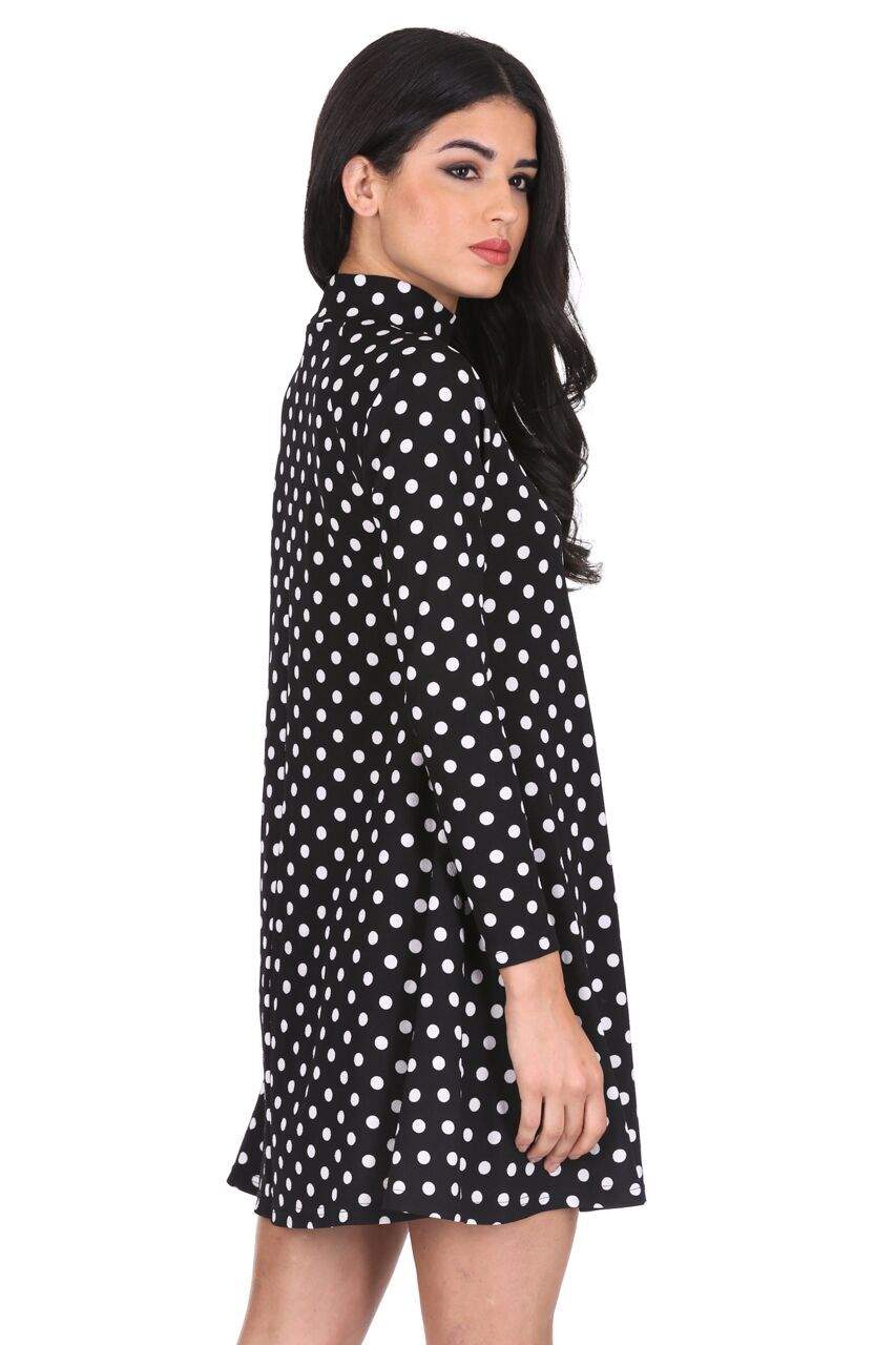 Black Polka Dot High Neck Sleeved Swing Dress - Image 3