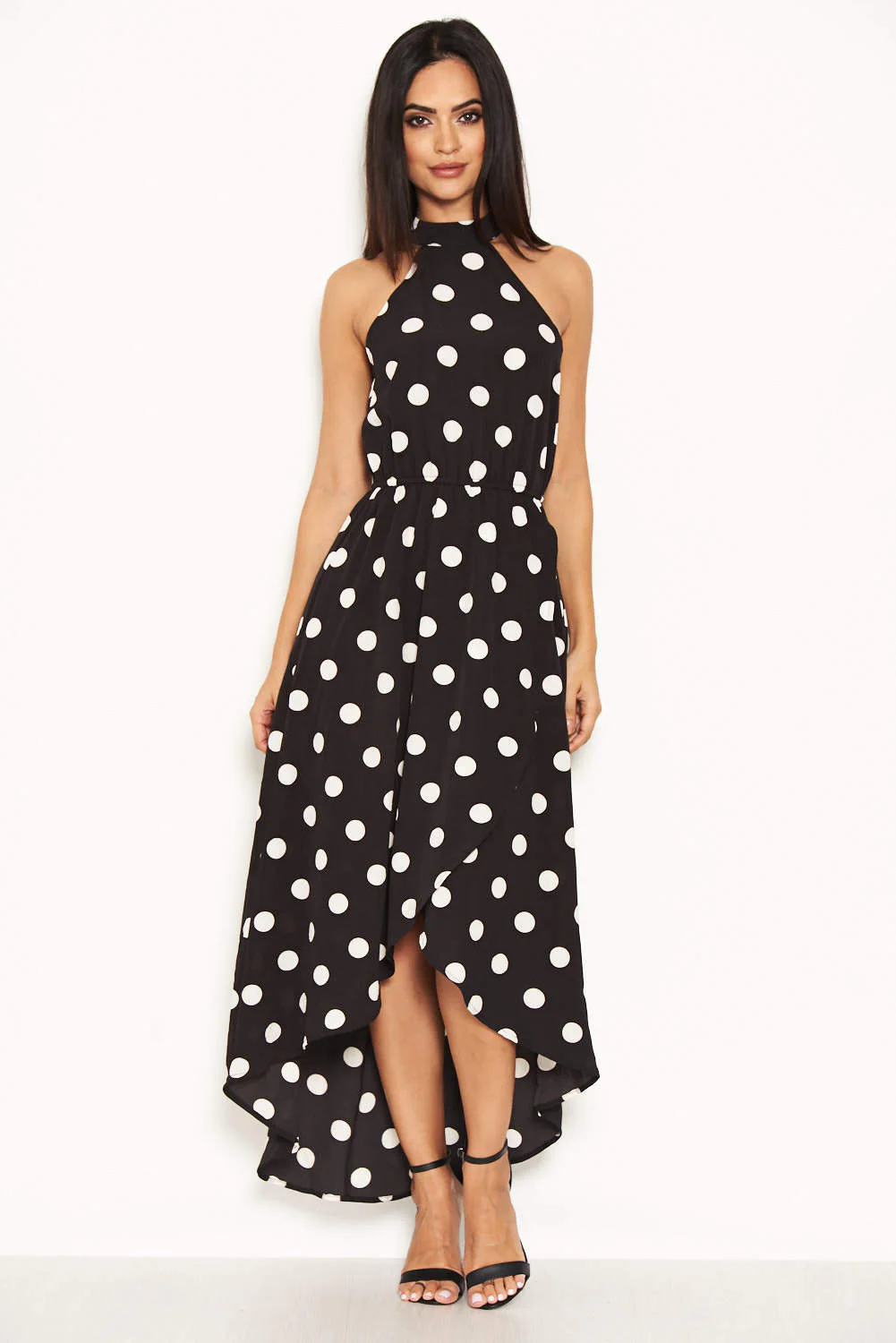 Black Polka Dot High Neck Wrap Dress - Image 4