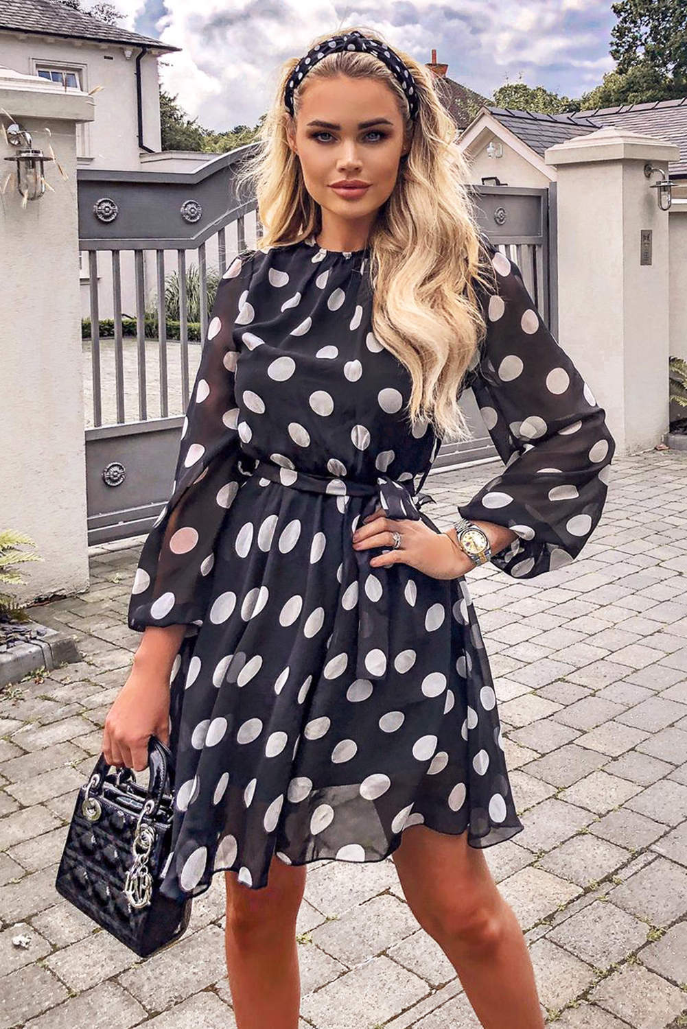Black Polka Dot Mesh Sleeve Dress - Image 3