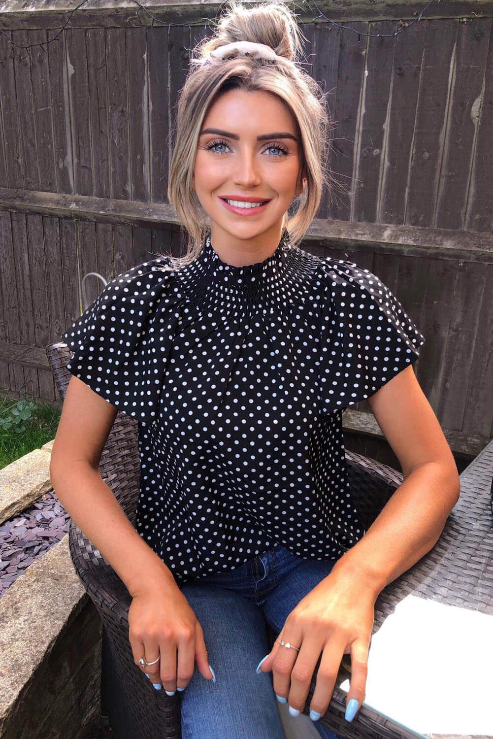 Black Polka Dot Pleated High Neck Top - Image 2