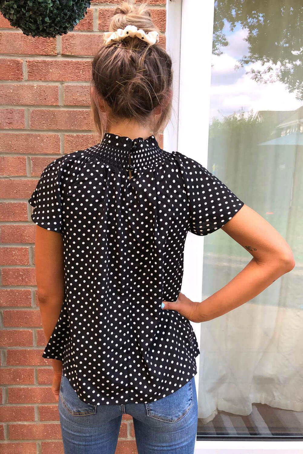 Black Polka Dot Pleated High Neck Top - Image 4