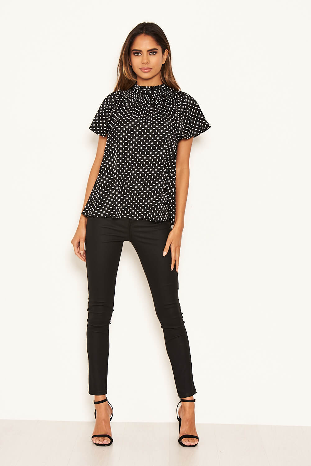 Black Polka Dot Pleated High Neck Top - Image 5