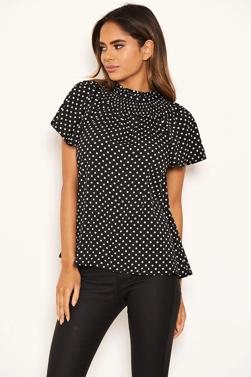 Black Polka Dot Pleated High Neck Top - Image 6