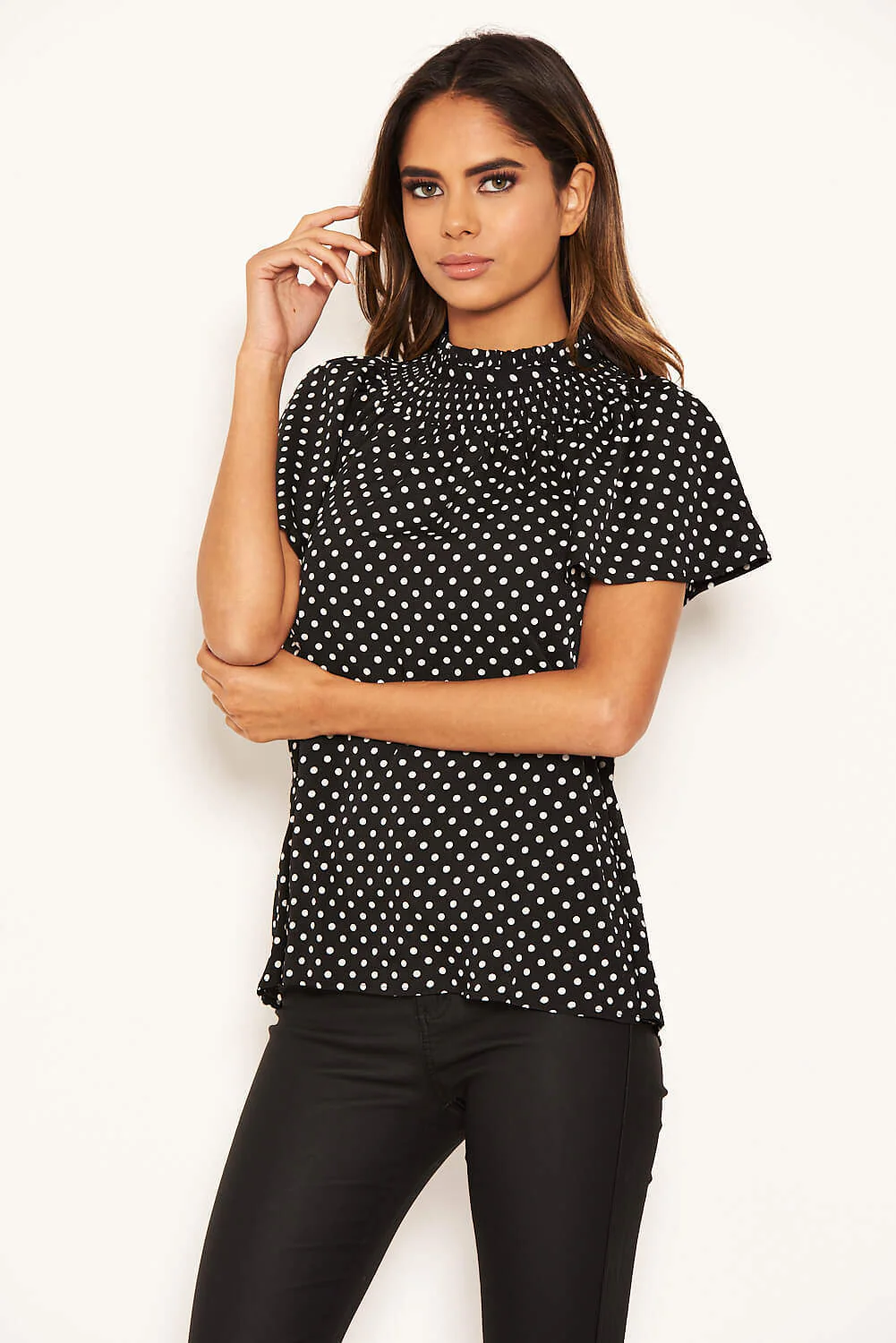 Black Polka Dot Pleated High Neck Top - Image 7