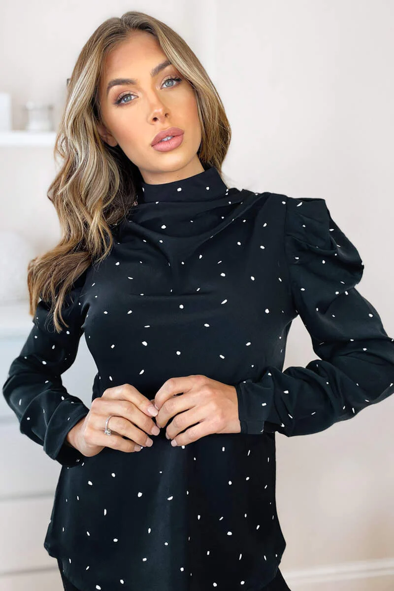 Black Polka Dot Puff Sleeve Top - Image 3
