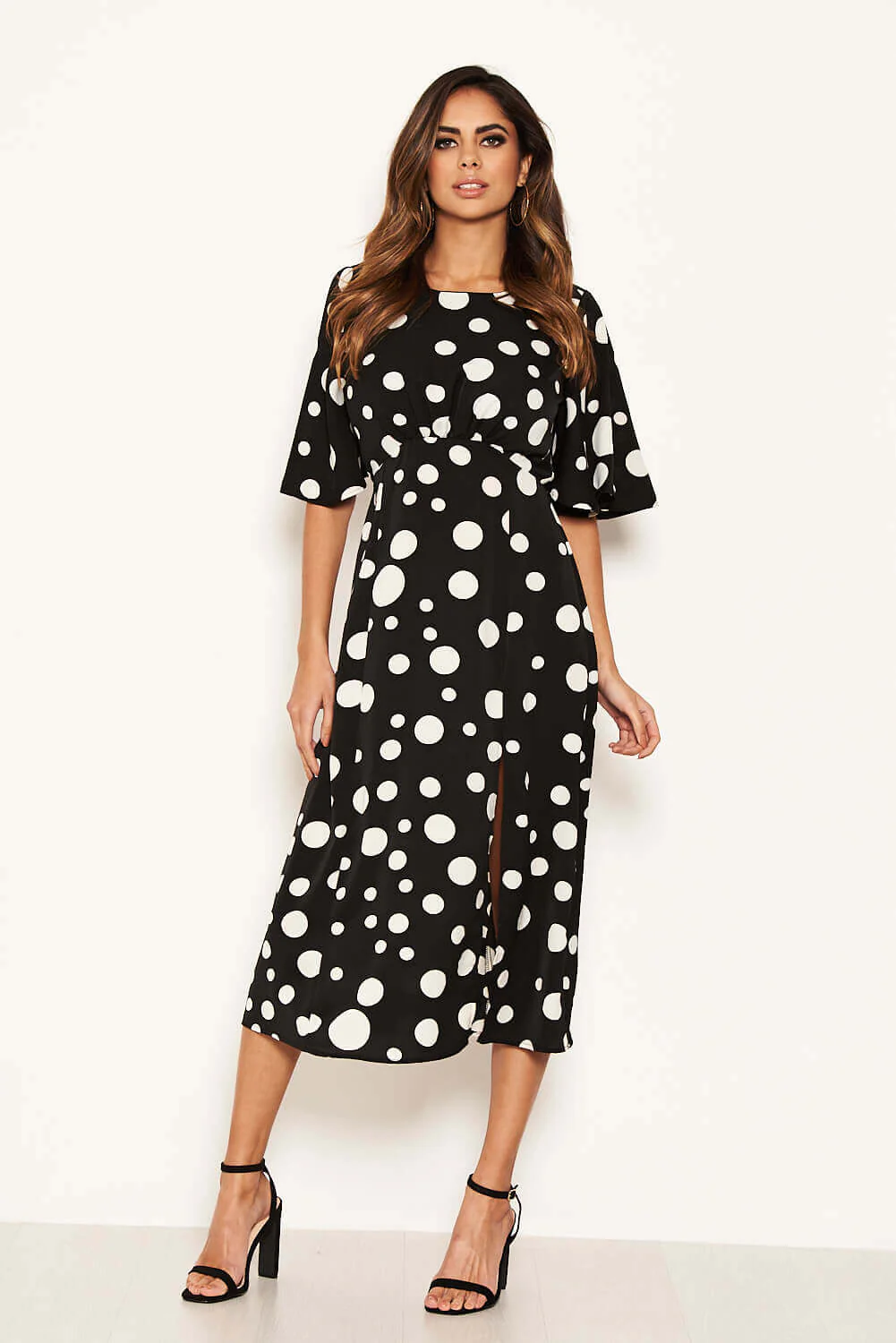 Black Polka Dot Ruffle Sleeve Split Dress - Image 2