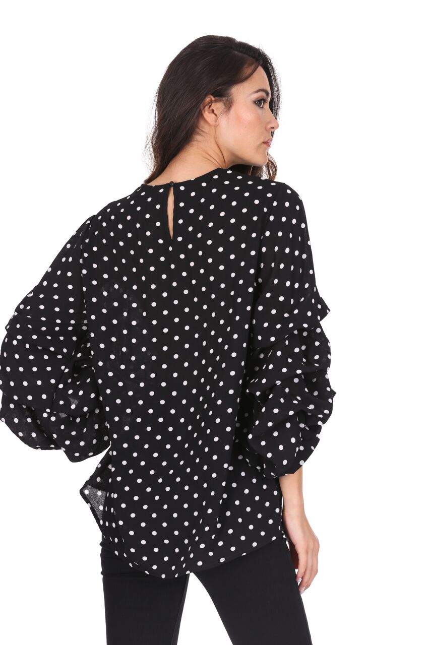 Black Polka Dot Ruffle Sleeve Top - Image 3