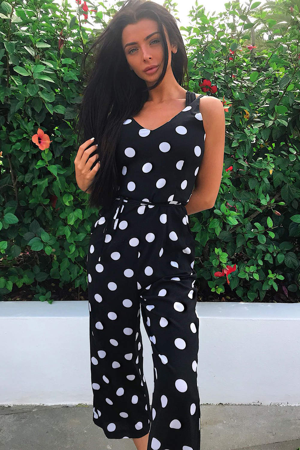 Black Polka Dot Tie Waist Jumpsuit - Image 2