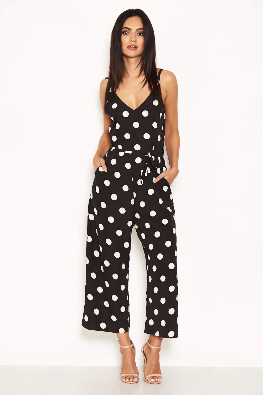 Black Polka Dot Tie Waist Jumpsuit - Image 4
