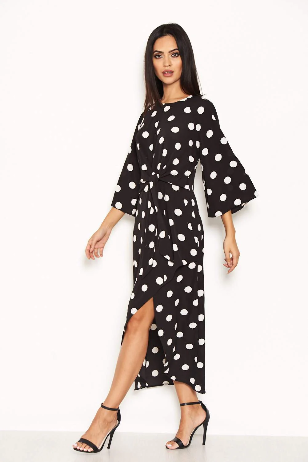 Black Polka Dot Wrap Dress With Tie Front - Image 2