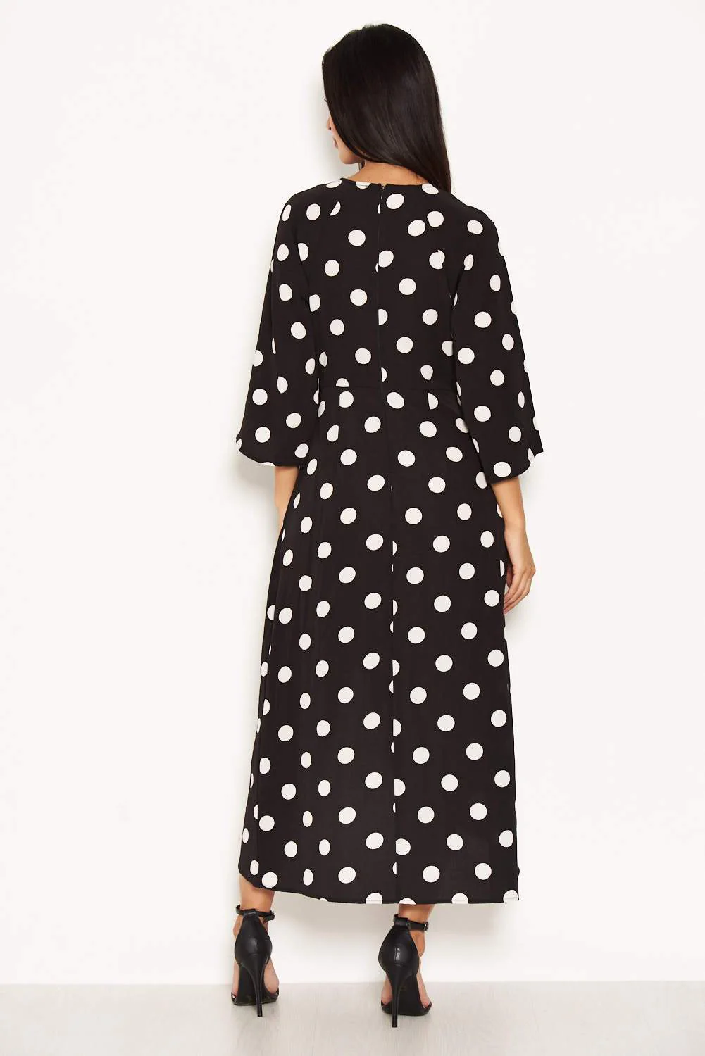 Black Polka Dot Wrap Dress With Tie Front - Image 3