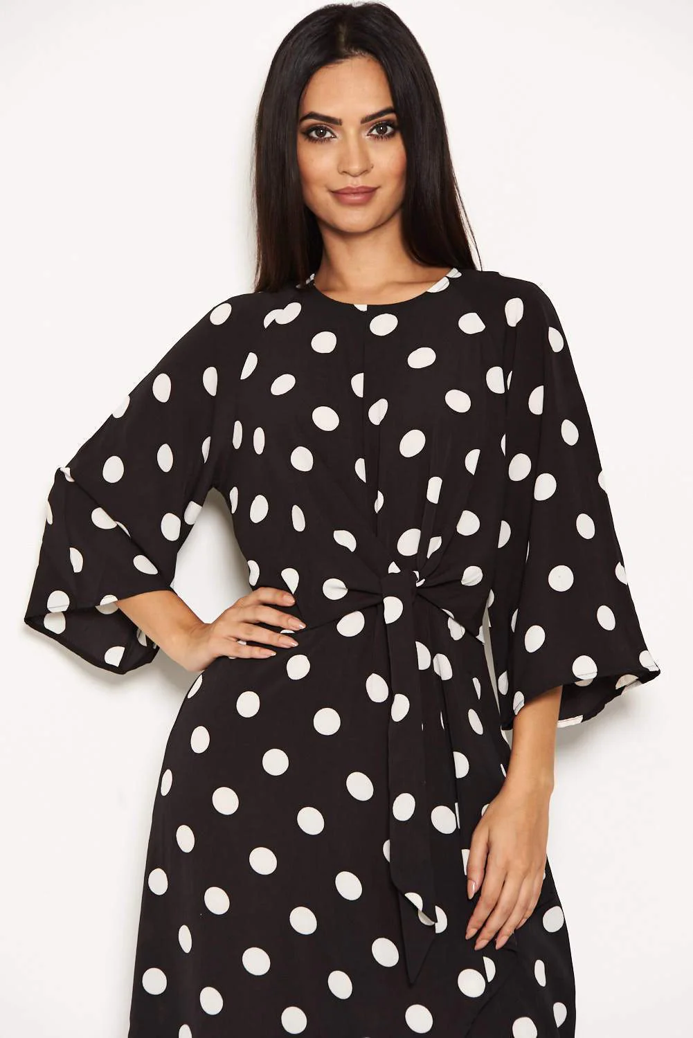 Black Polka Dot Wrap Dress With Tie Front - Image 4