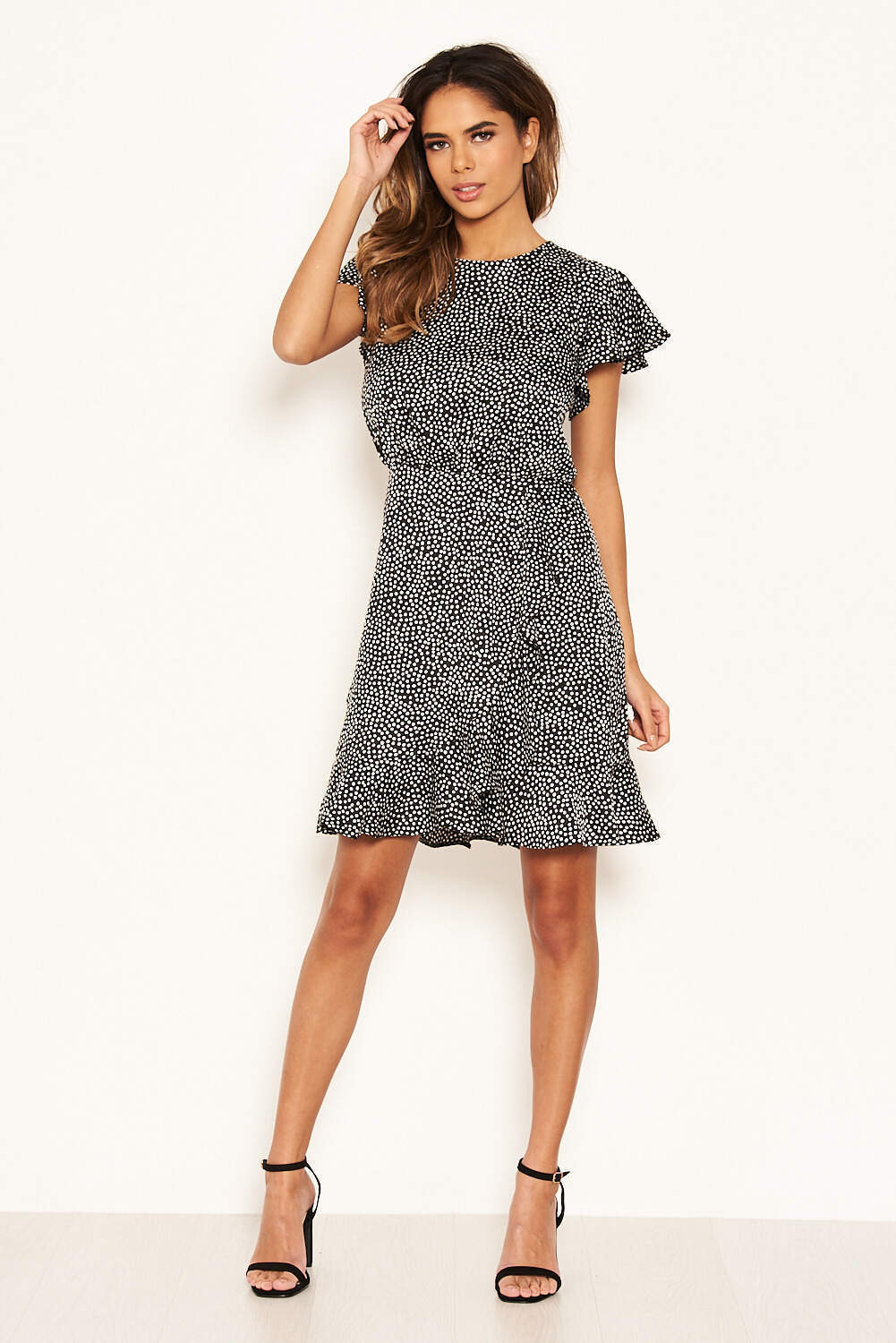Black Polka Dot Wrap Frill Mini Dress - Image 2