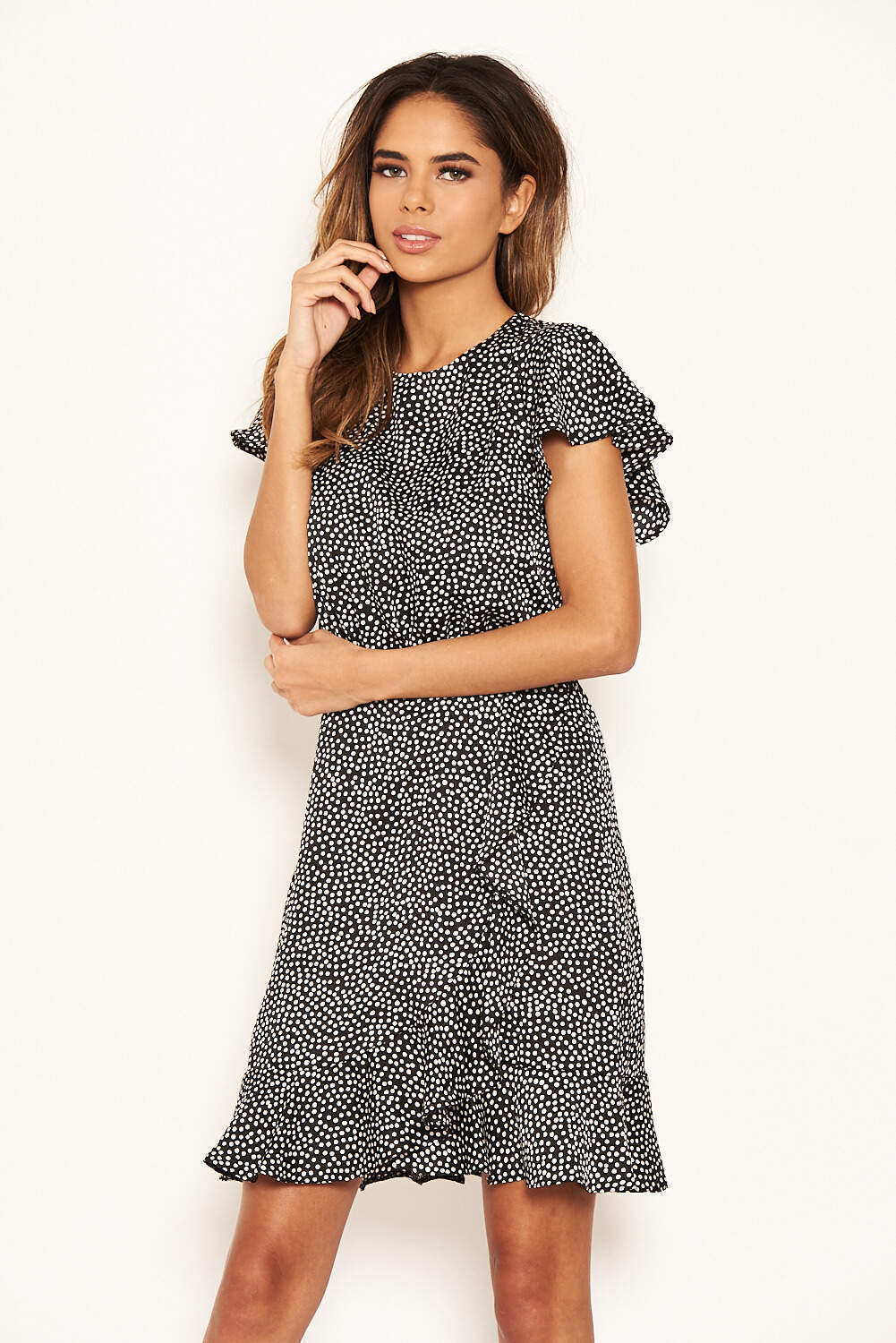 Black Polka Dot Wrap Frill Mini Dress - Image 3