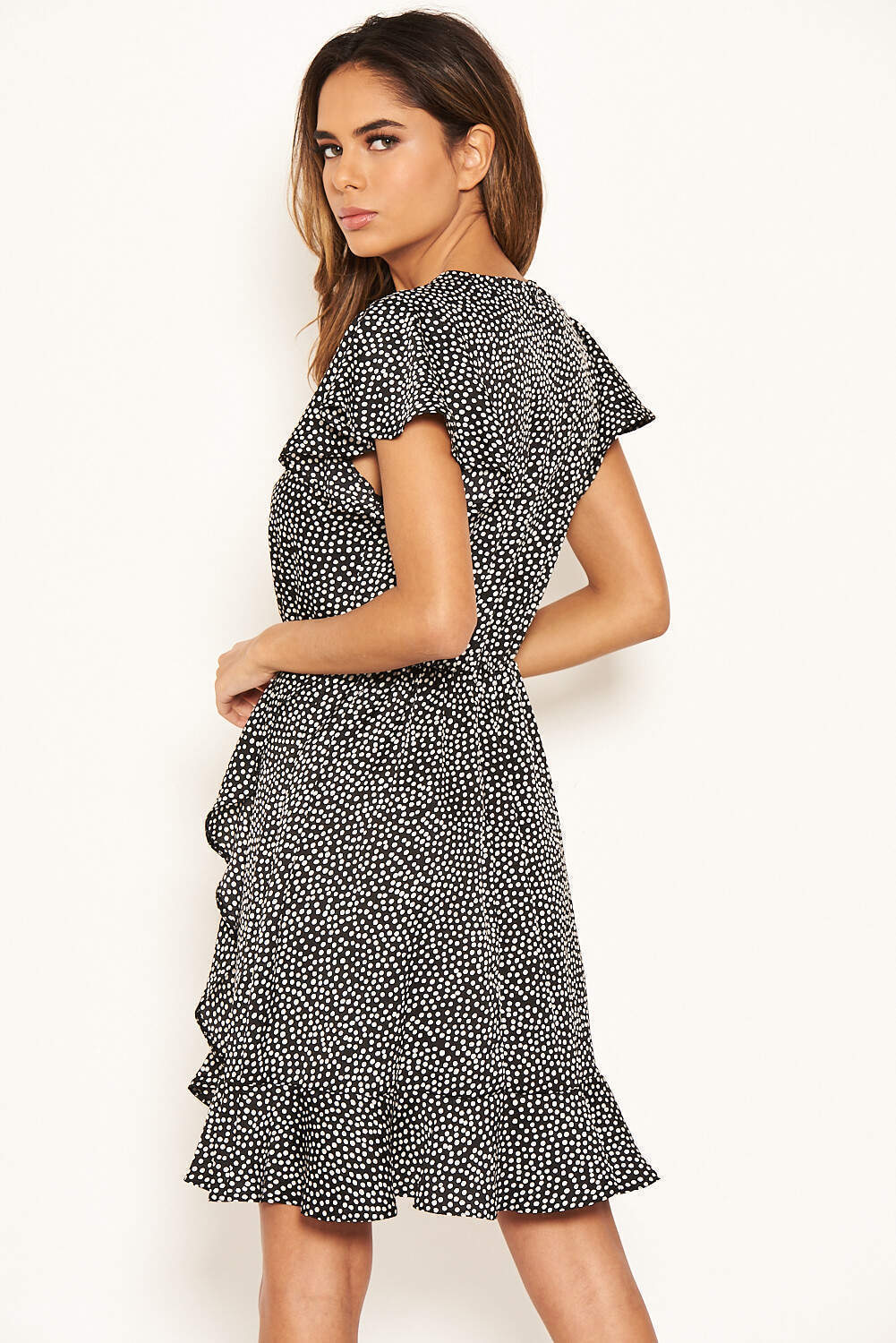 Black Polka Dot Wrap Frill Mini Dress - Image 5