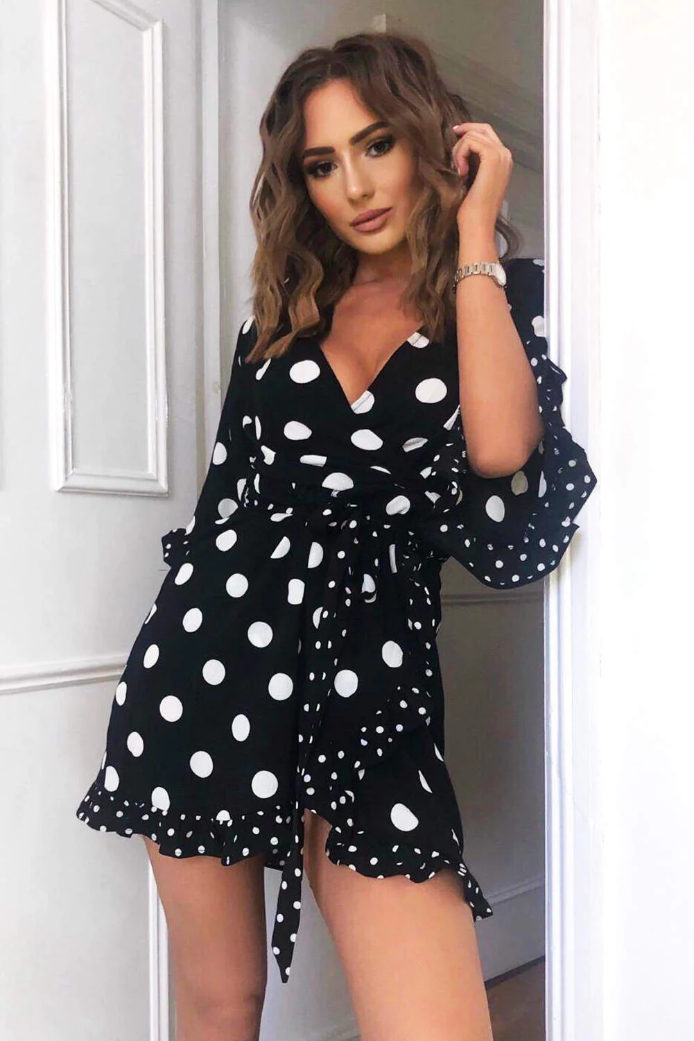 Black Polka Dot Wrap Skater Dress - Image 2