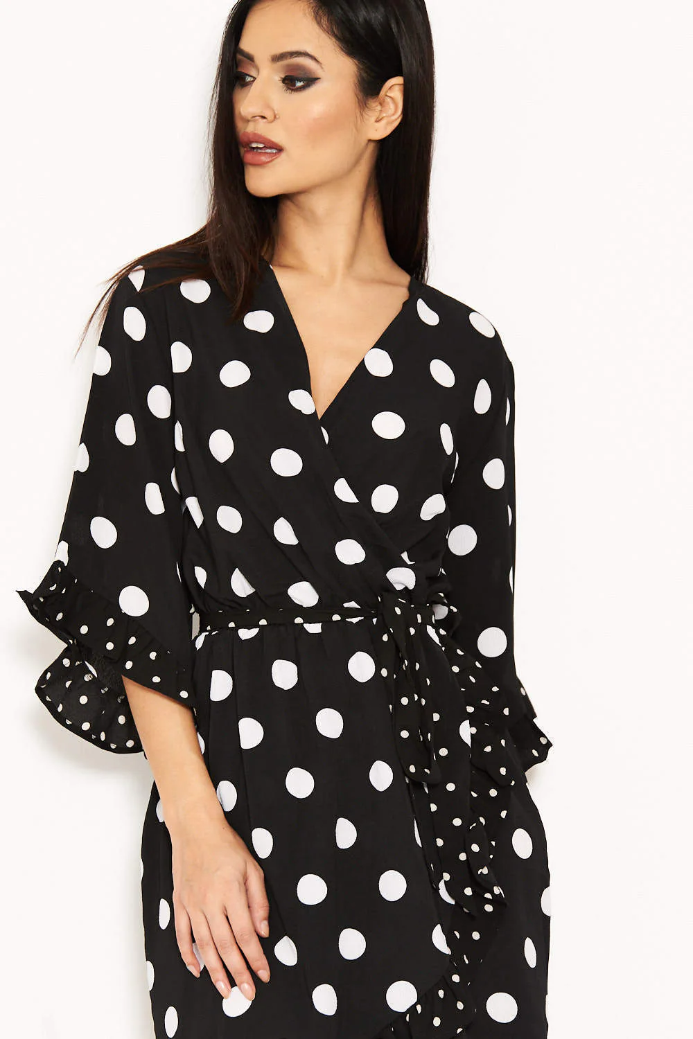 Black Polka Dot Wrap Skater Dress - Image 6