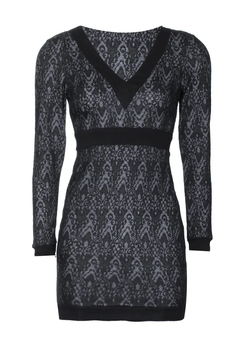 Black Printed Bodycon V-neck Dress - Image 4