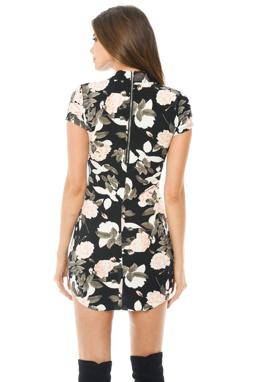 Black Printed Capped Sleeve Bodycon Dress - Image 3