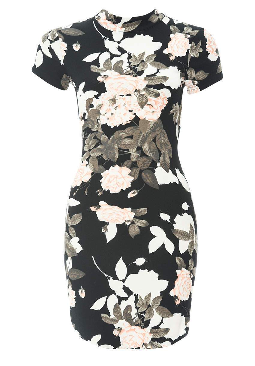 Black Printed Capped Sleeve Bodycon Dress - Image 4