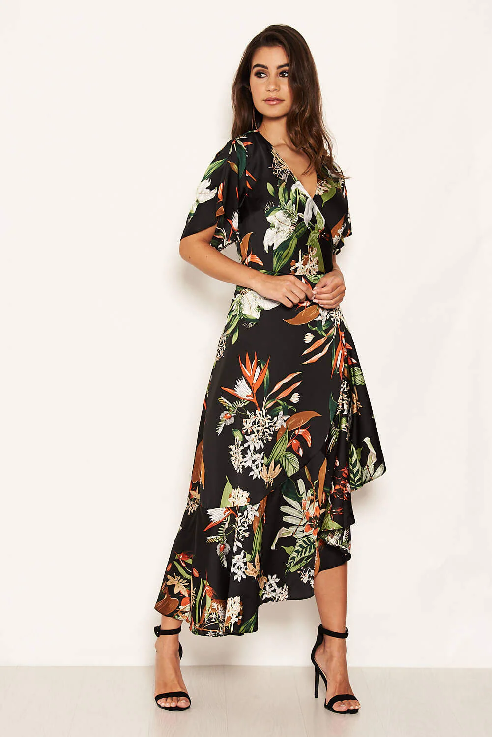 Black Printed Floral Frill Hem Dress - Image 3