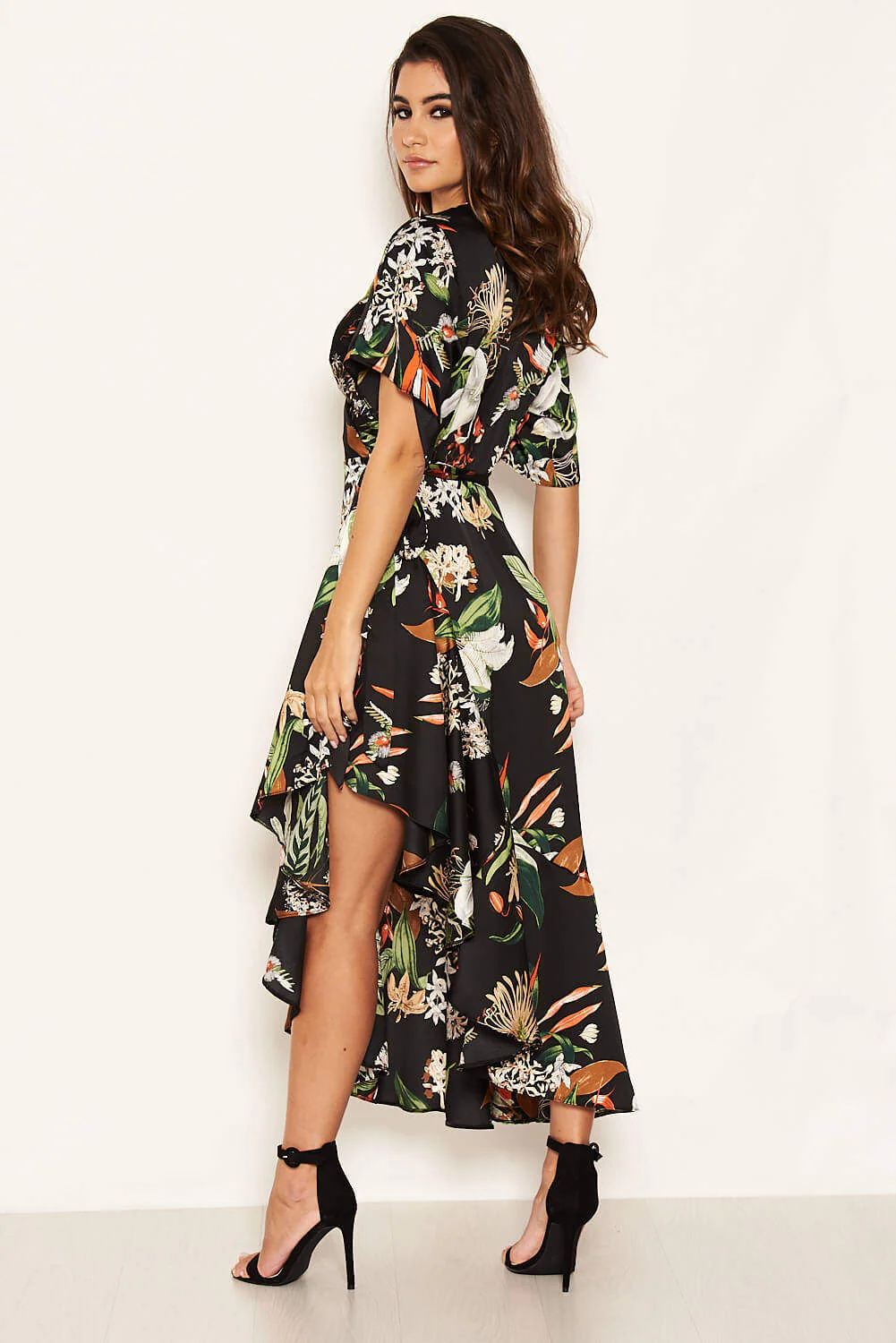 Black Printed Floral Frill Hem Dress - Image 4