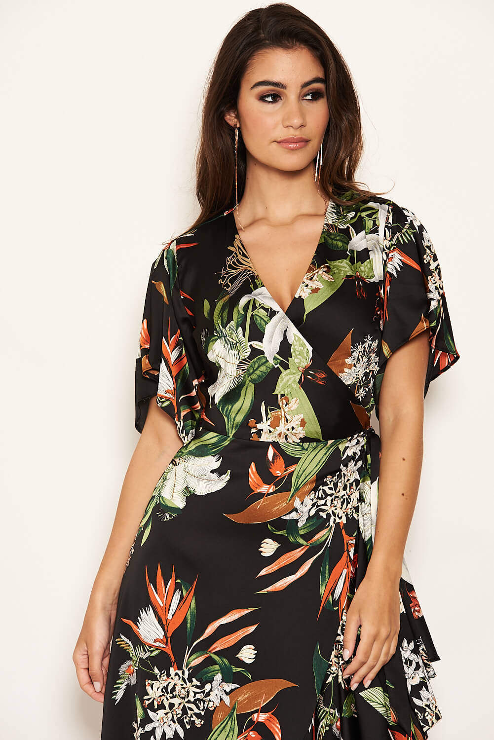 Black Printed Floral Frill Hem Dress - Image 5