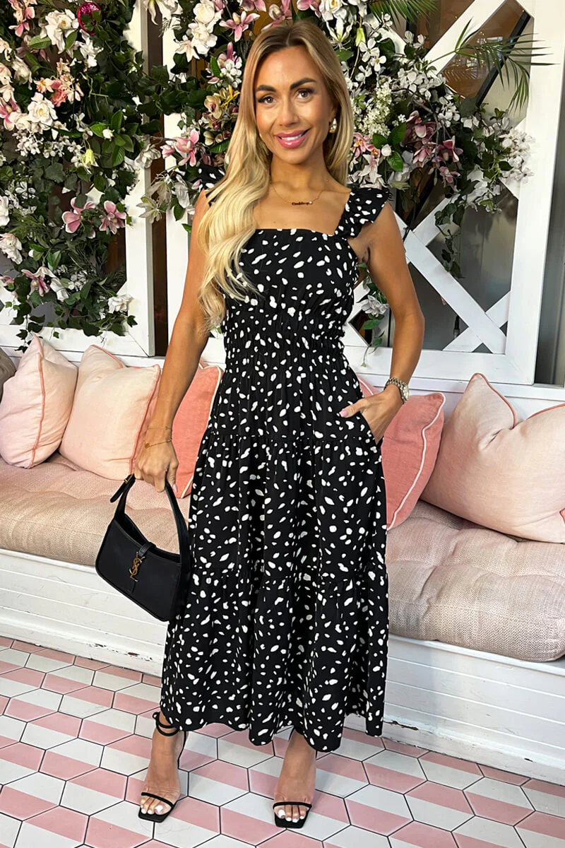 Black Printed Frill Strap Midi Dress - Image 5