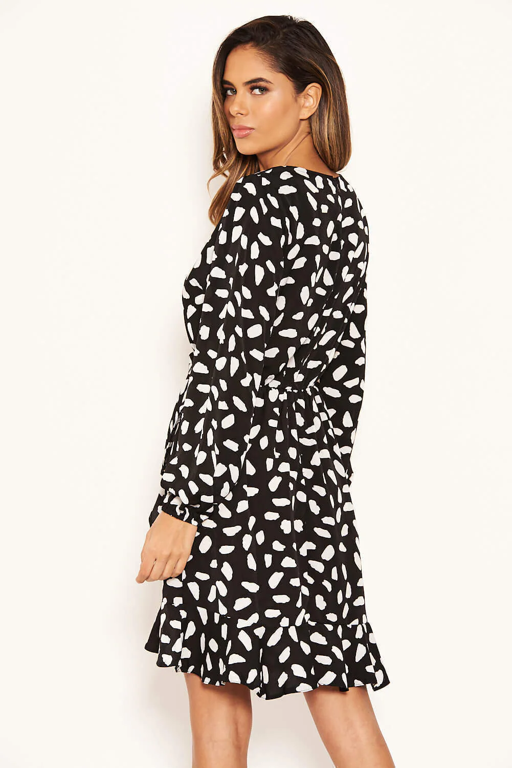 Black Printed Long Sleeved Wrap Dress - Image 10