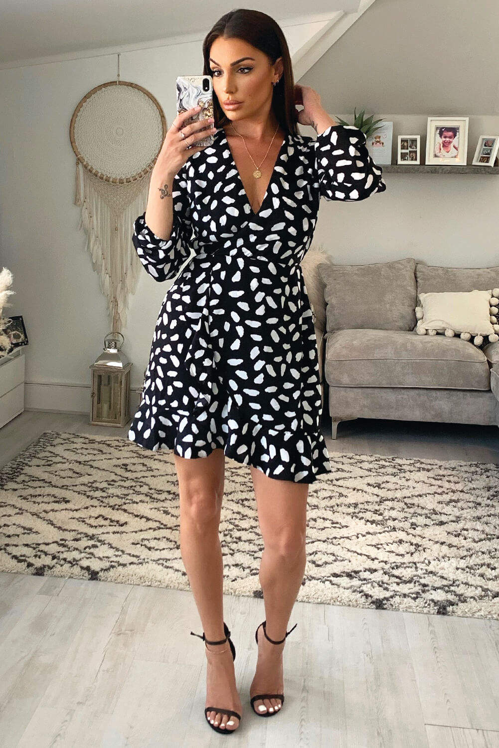 Black Printed Long Sleeved Wrap Dress - Image 5