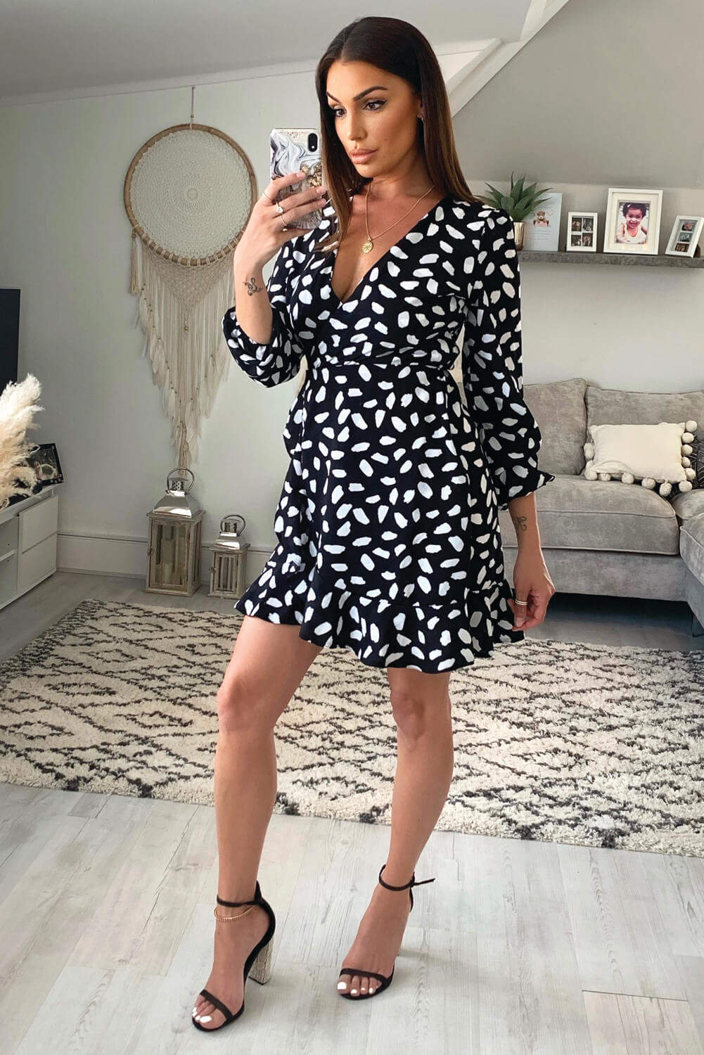 Black Printed Long Sleeved Wrap Dress - Image 6