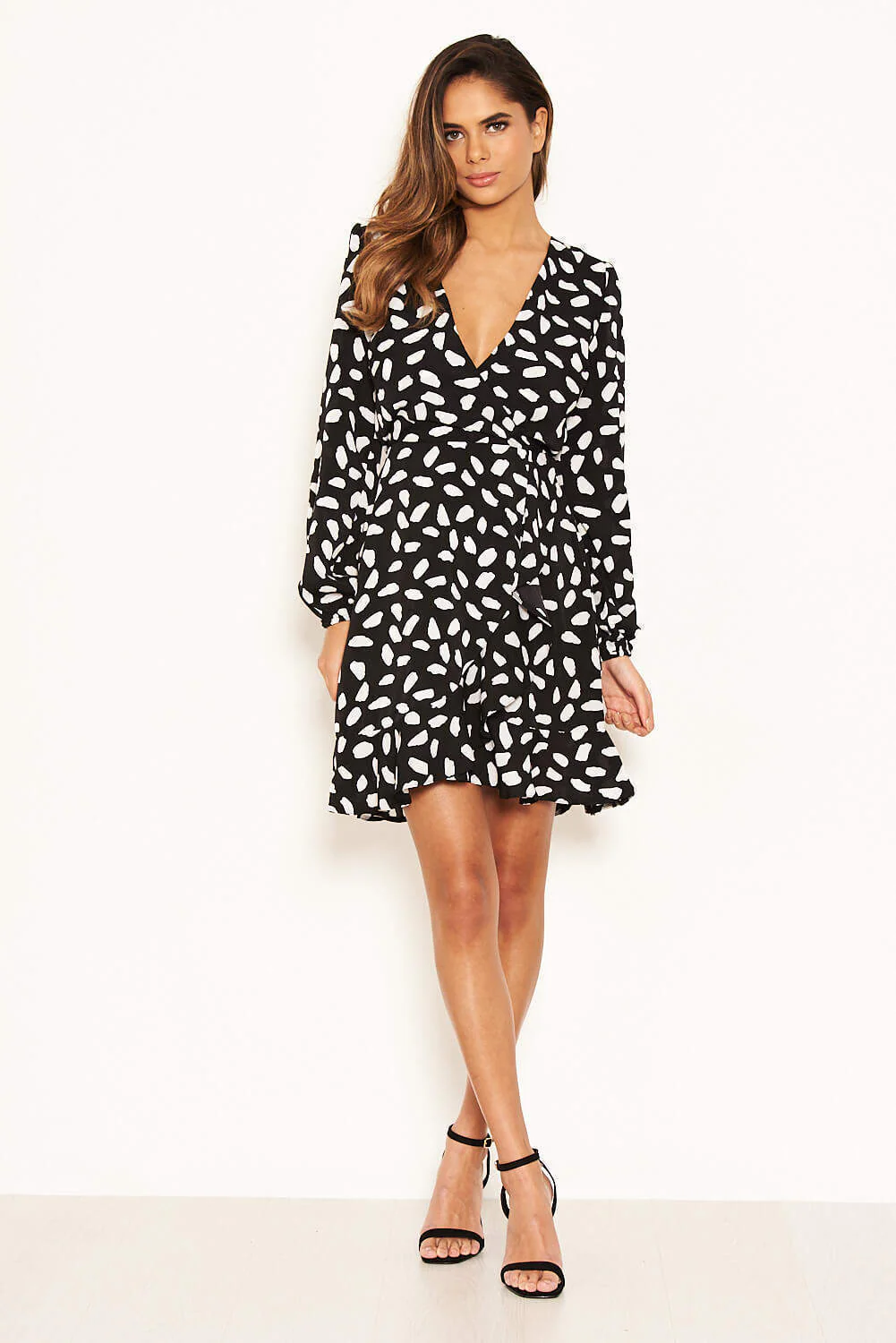Black Printed Long Sleeved Wrap Dress - Image 8