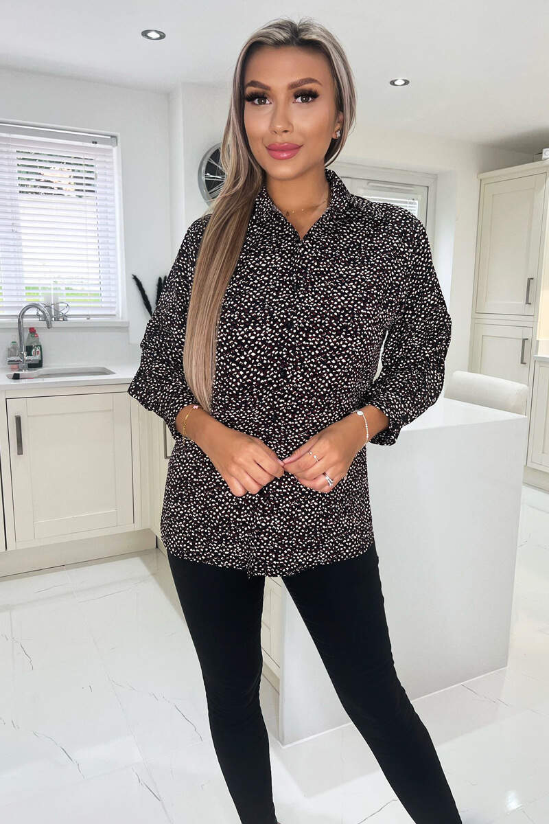 Black Printed Ruched Sleeve Shirt - Image 3