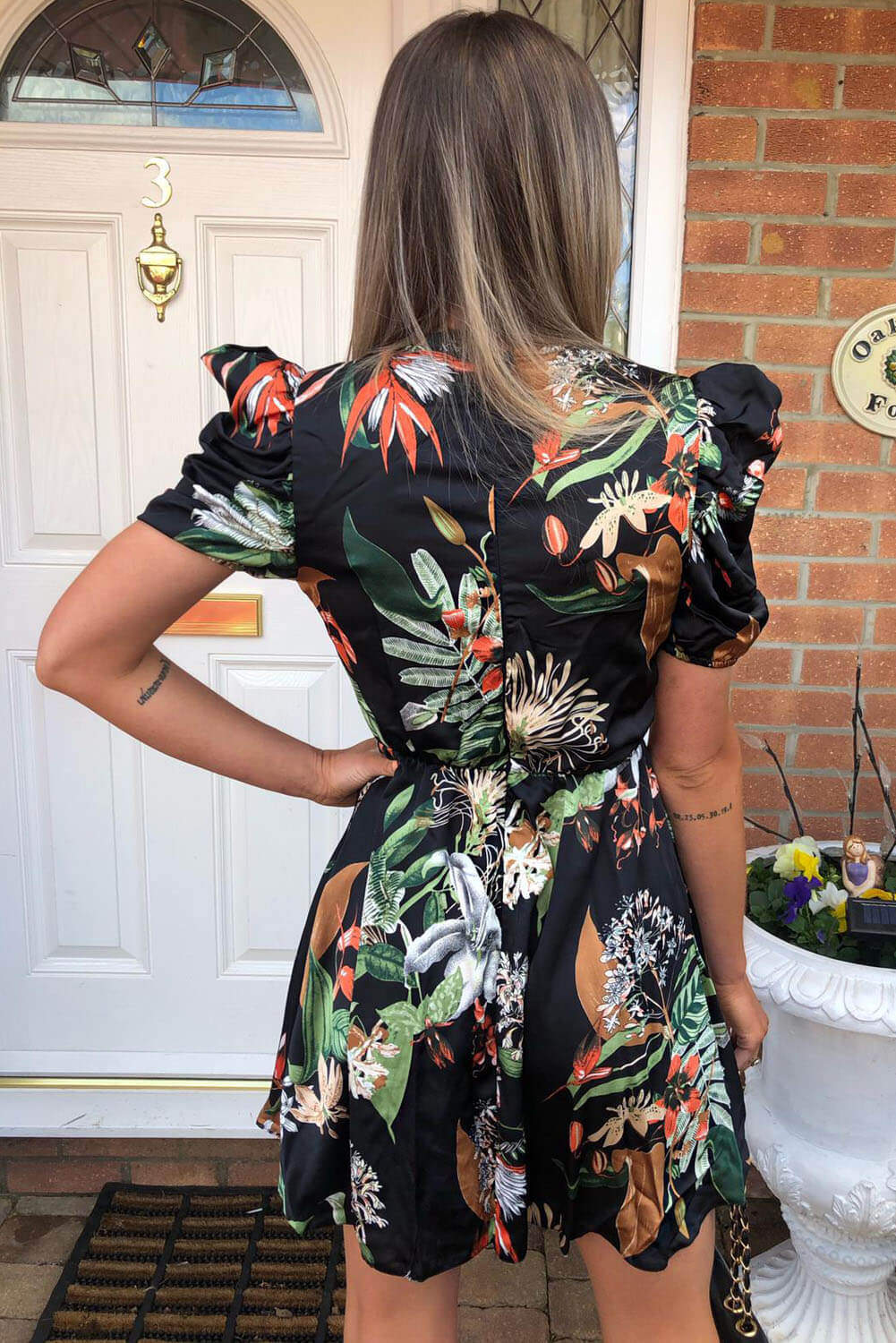 Black Printed Skater Dress with Puff Sleeve - Image 5