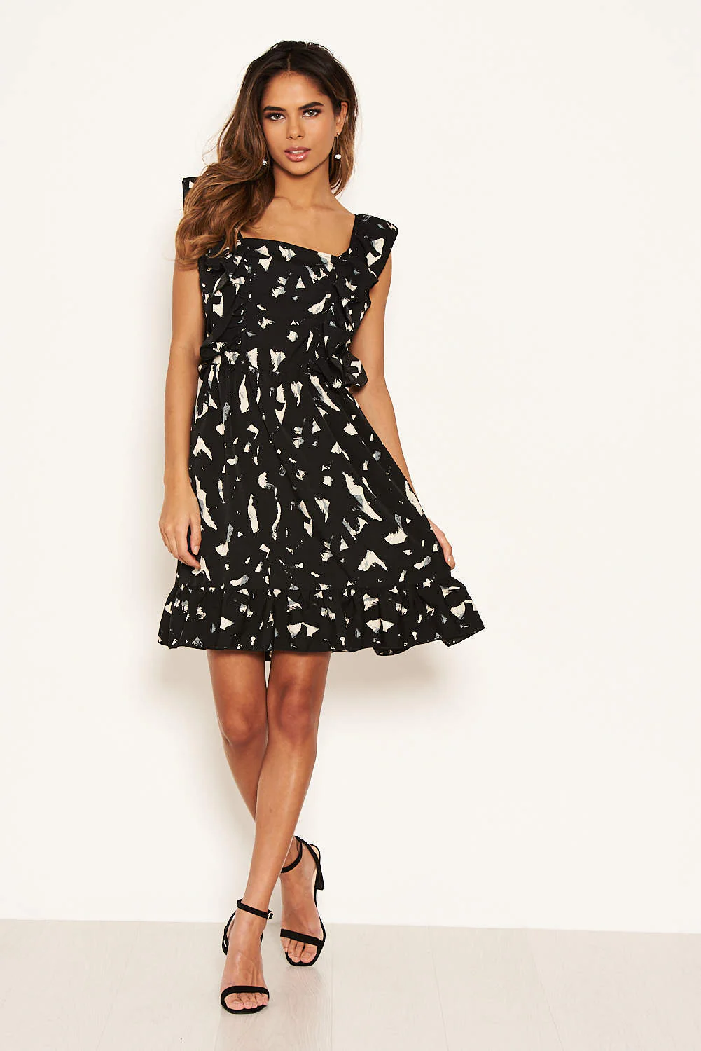 Black Printed Square Neck Frilled Dress - Image 2