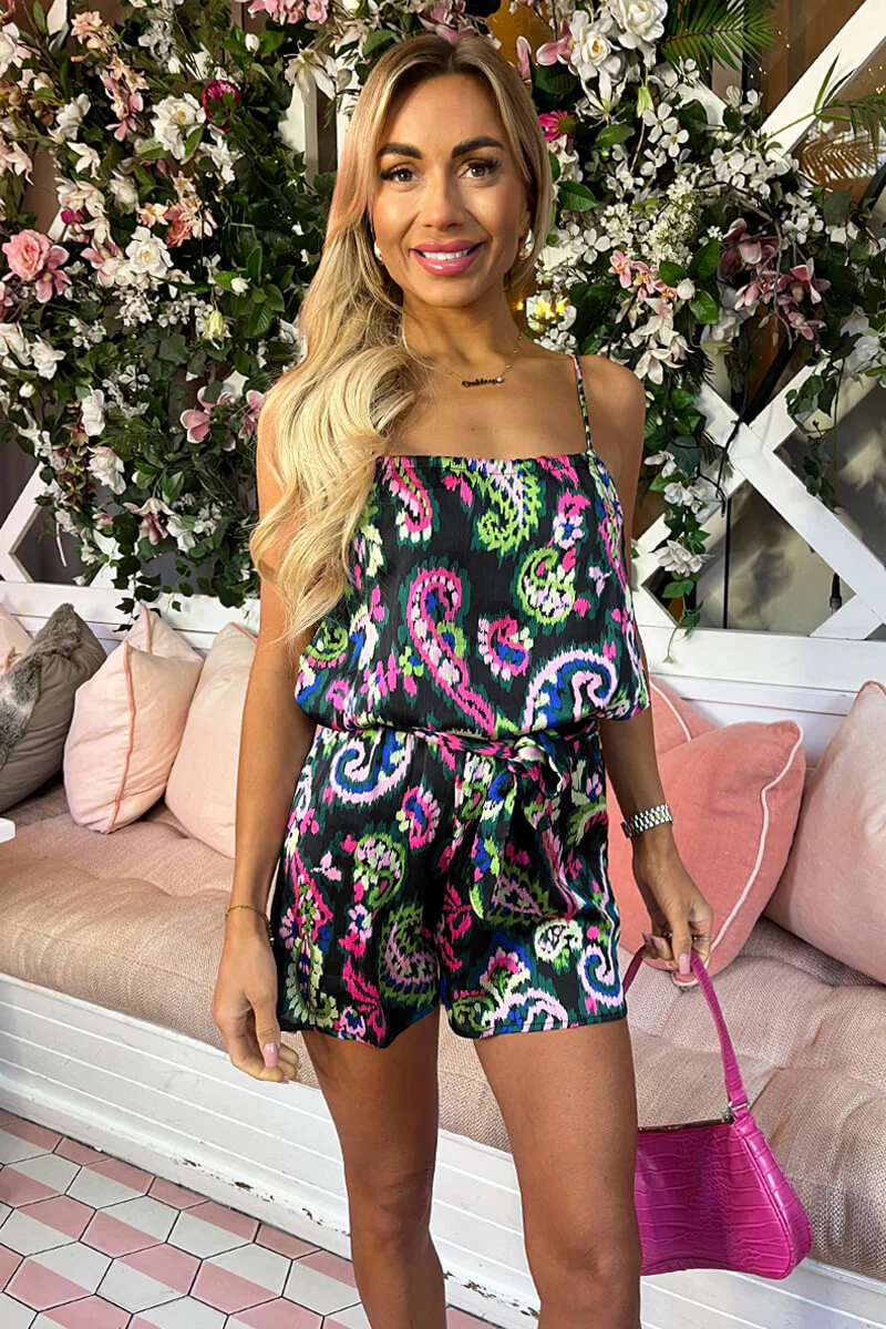 Black Printed Strappy Tie Belt Playsuit - Image 3