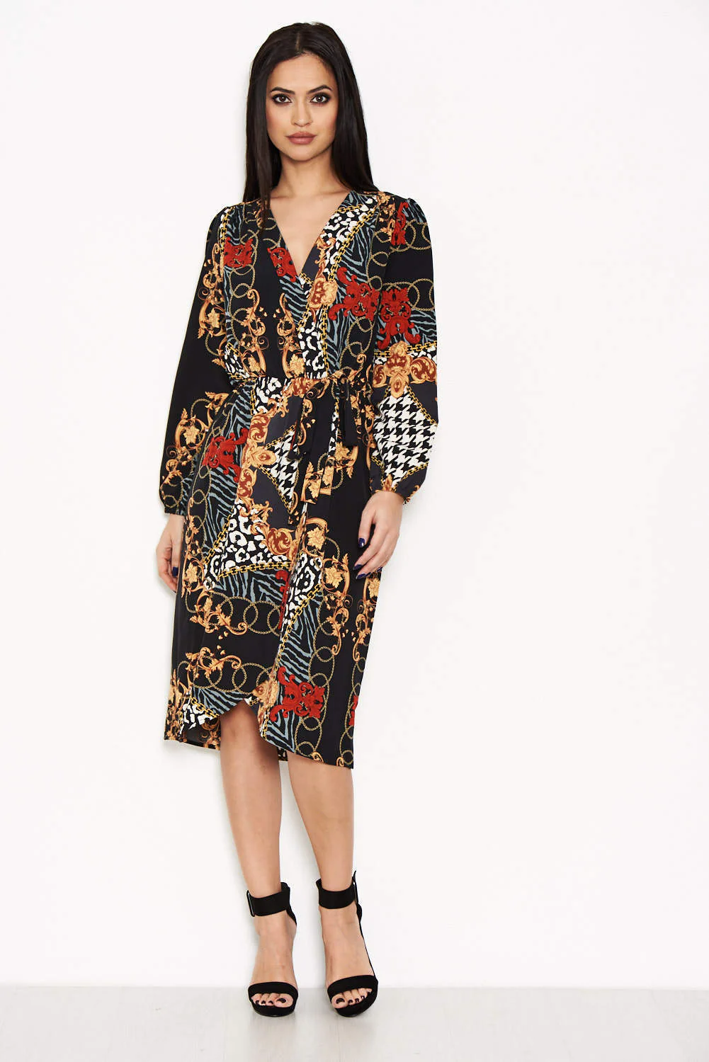 Black Printed V-Neck Wrap Dress - Image 2