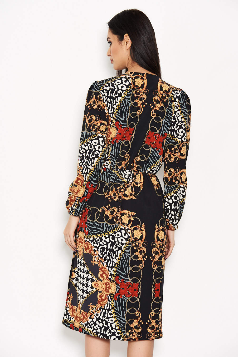 Black Printed V-Neck Wrap Dress - Image 3