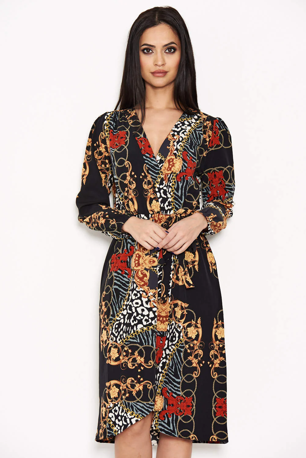 Black Printed V-Neck Wrap Dress - Image 4