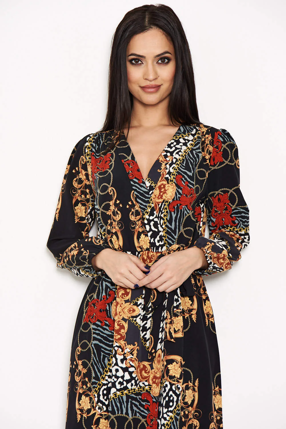 Black Printed V-Neck Wrap Dress - Image 5
